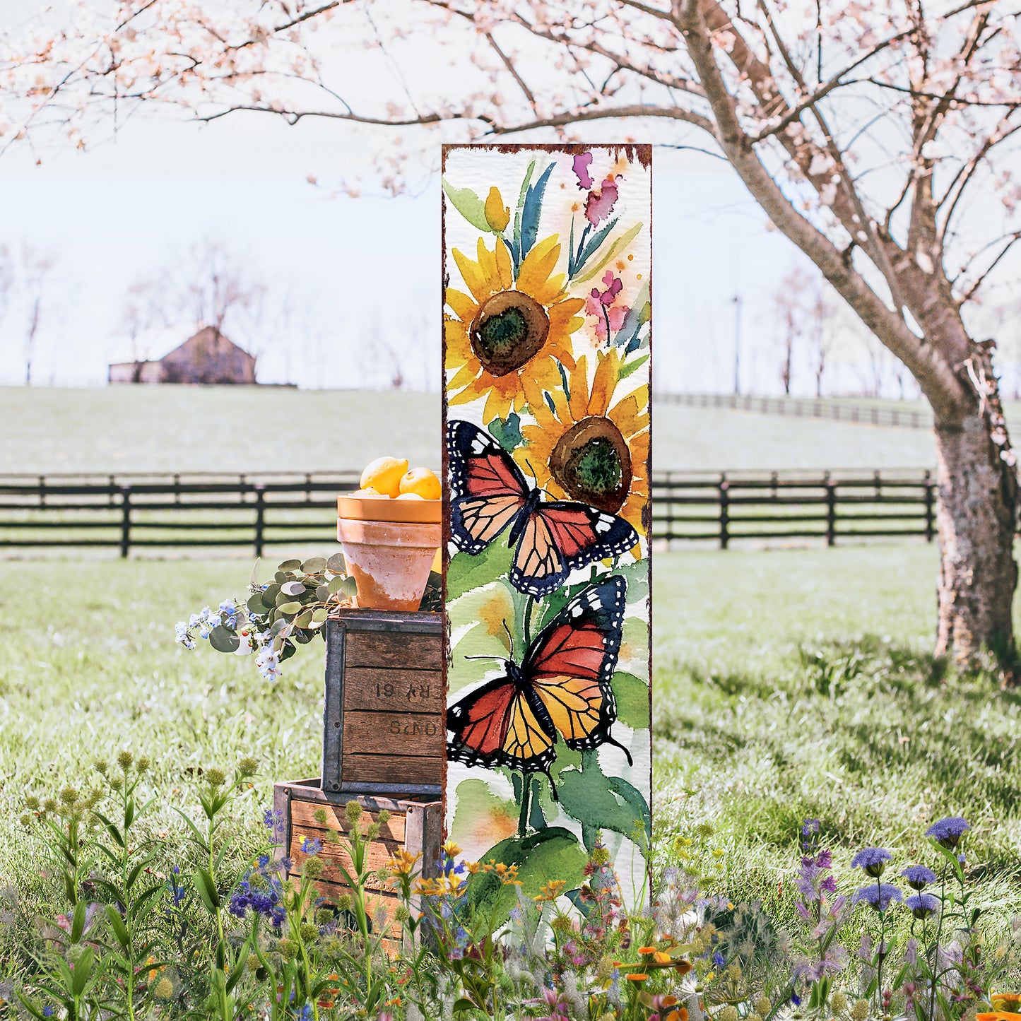 Summer Watercolor Monarch Butterfly with Sunflower Porch Sign | Multi Sizes Available | Perfect Summer Yard & Front Door Decor