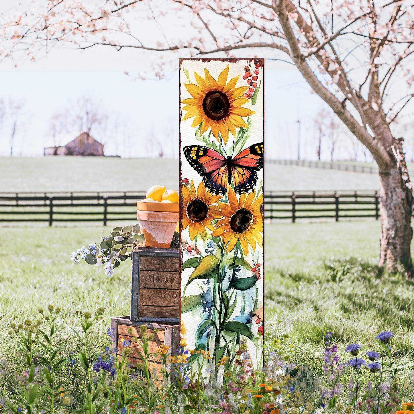 Summer Watercolor Monarch Butterfly with Sunflower Porch Sign | Multi Sizes Available | Perfect Summer Yard & Front Door Decor