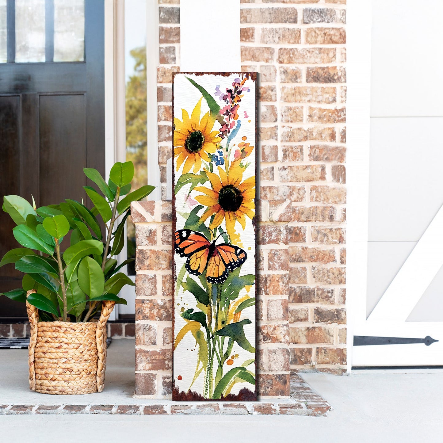 Summer Watercolor Monarch Butterfly with Sunflower Porch Sign | Multi Sizes Available | Perfect Summer Yard & Front Door Decor