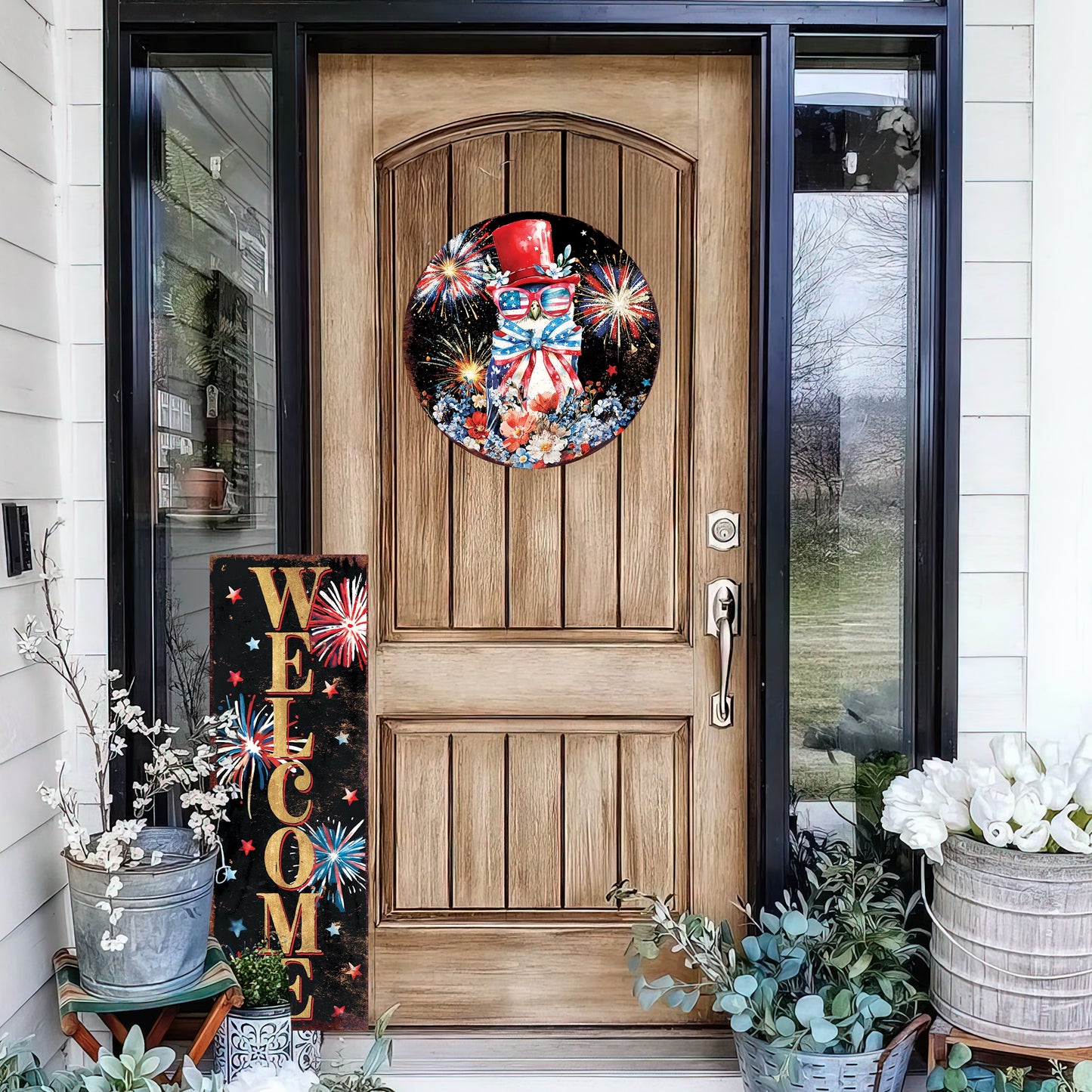 4th of July Owl & Fireworks Door Hanger | Multi Sizes | Patriotic Independence Day Front Door and Indoor Wall Decor