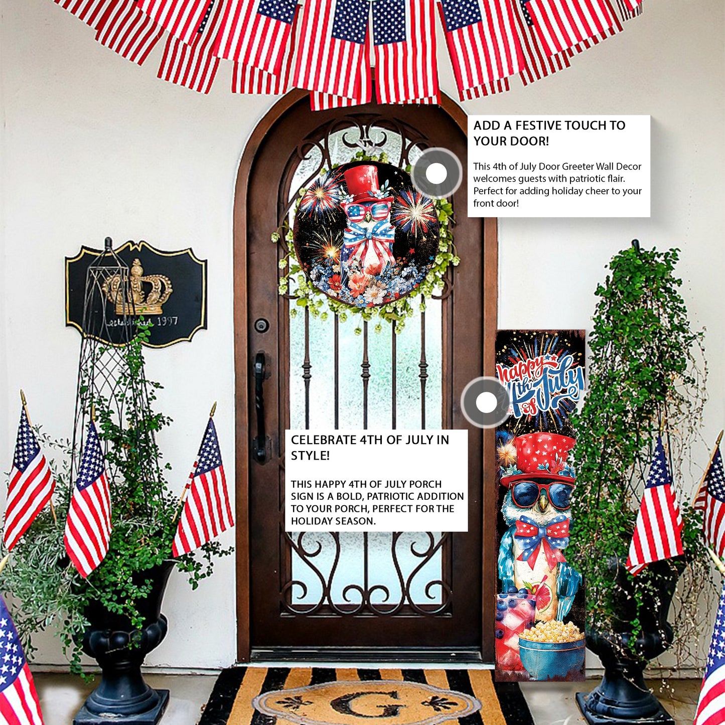4th of July Owl & Fireworks Door Hanger | Multi Sizes | Patriotic Independence Day Front Door and Indoor Wall Decor