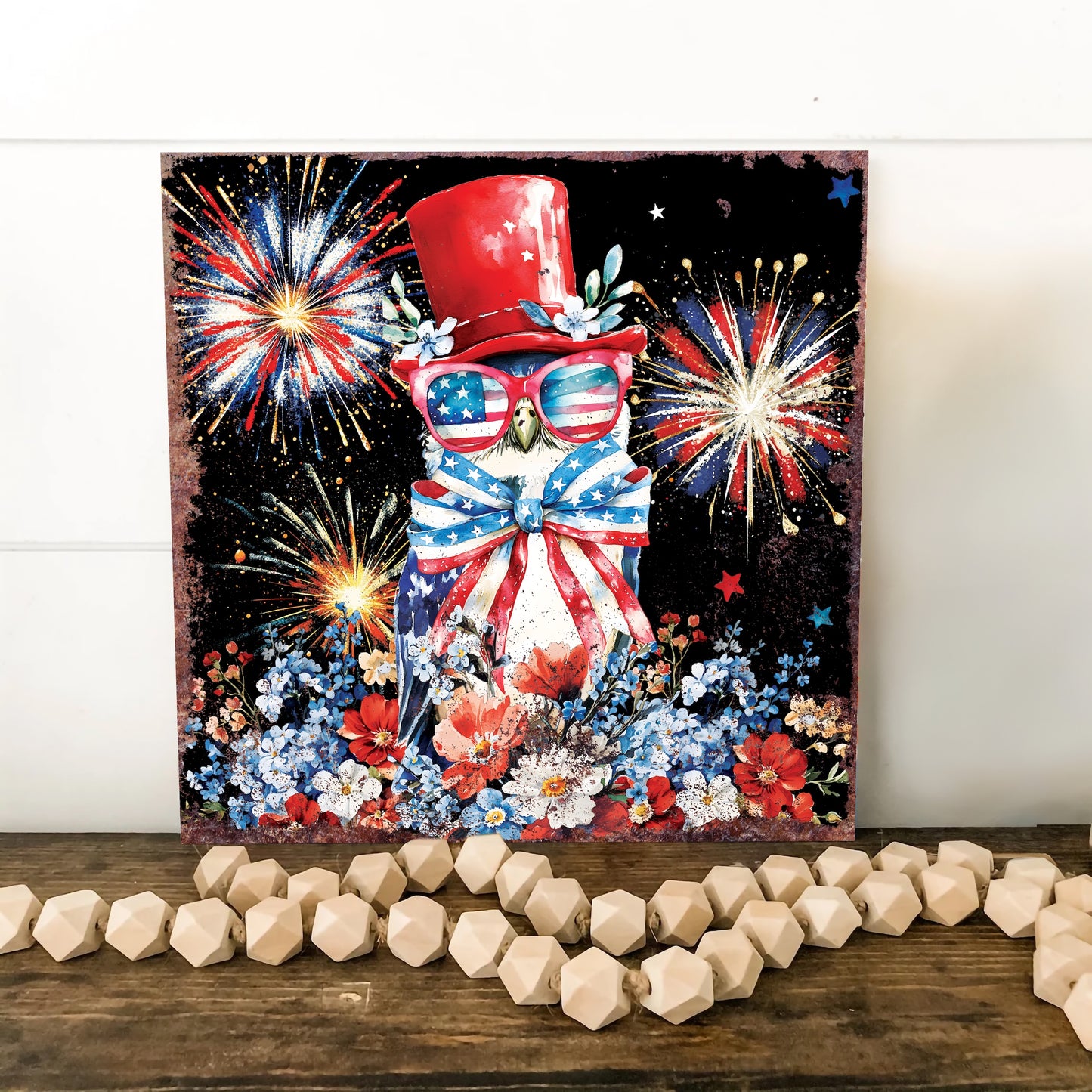 4th of July Owl & Fireworks Door Hanger | Multi Sizes | Patriotic Independence Day Front Door and Indoor Wall Decor