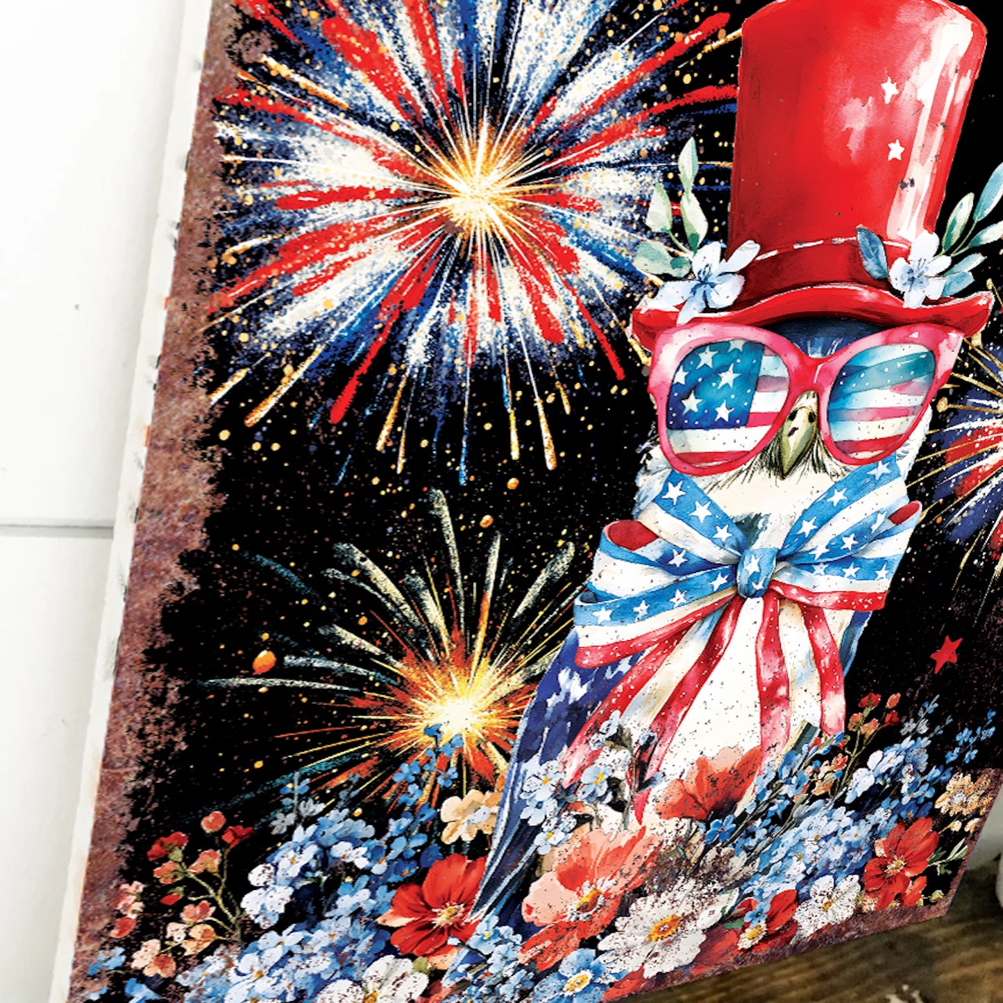 4th of July Owl & Fireworks Door Hanger | Multi Sizes | Patriotic Independence Day Front Door and Indoor Wall Decor