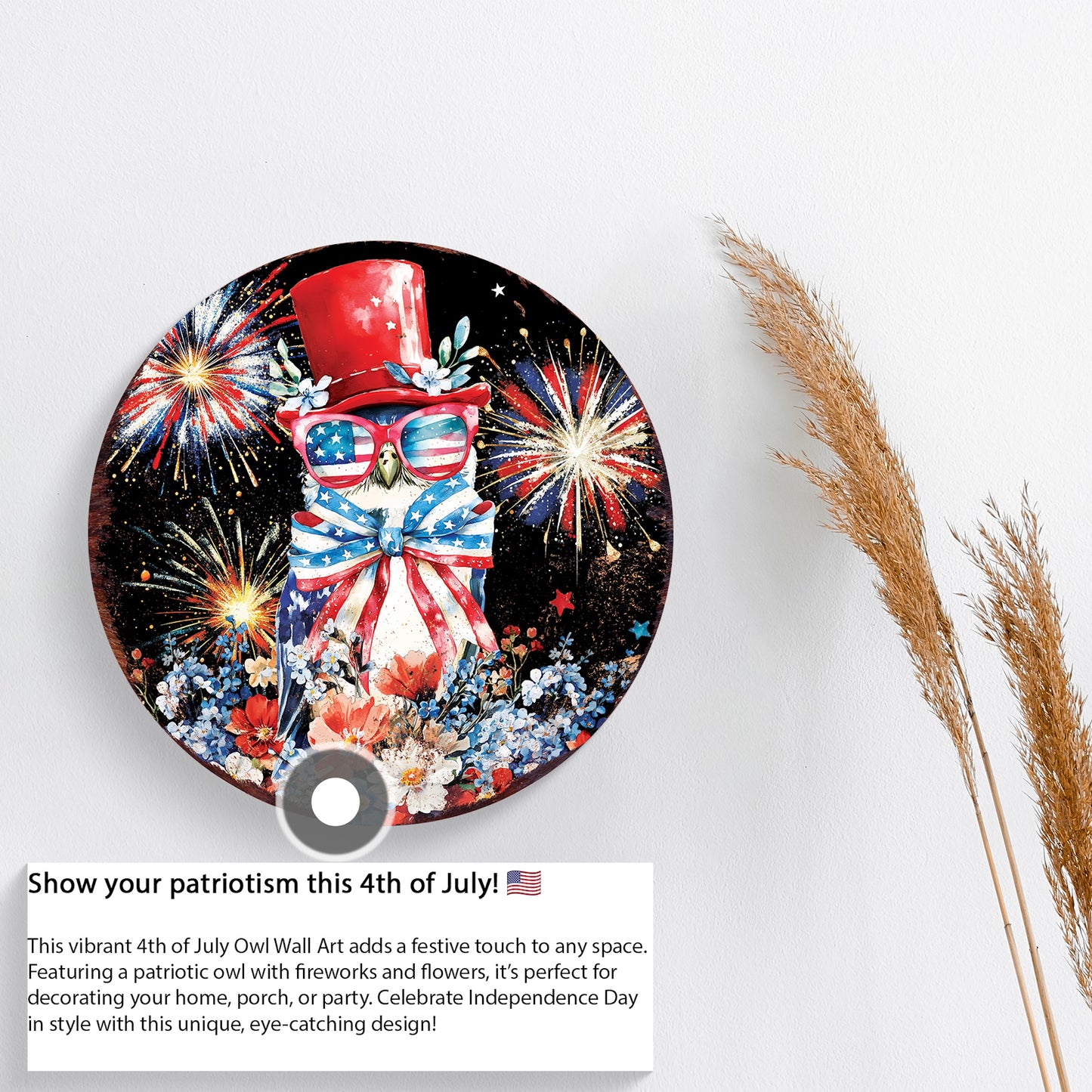 4th of July Owl & Fireworks Door Hanger | Multi Sizes | Patriotic Independence Day Front Door and Indoor Wall Decor