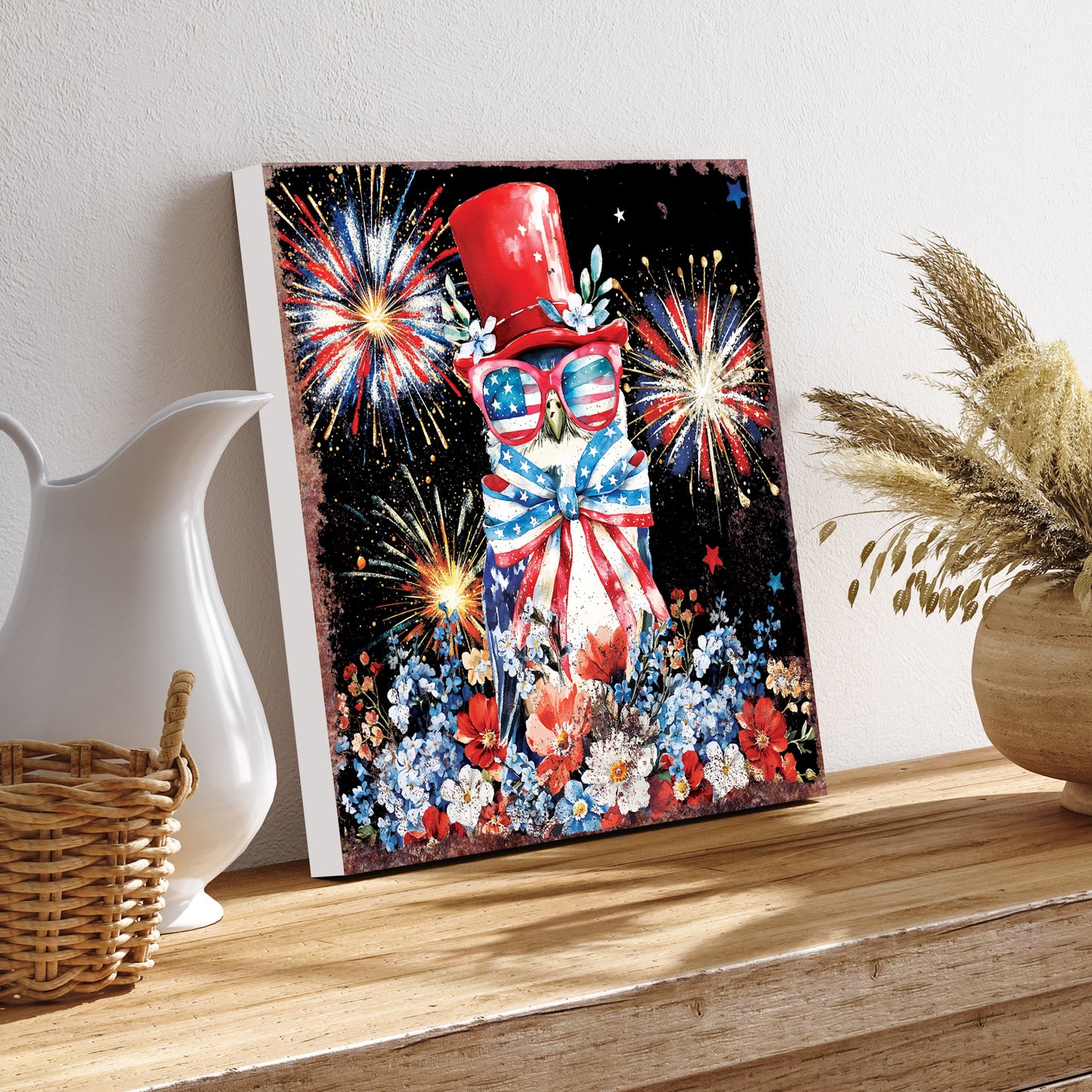 4th of July Owl & Fireworks Door Hanger | Multi Sizes | Patriotic Independence Day Front Door and Indoor Wall Decor