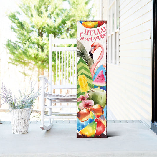 Hello Summer Porch Sign | Flamingo & Beach Ball Outdoor Decor | Multi Sizes | Perfect for Porch, Yard, Garden, or Front Door