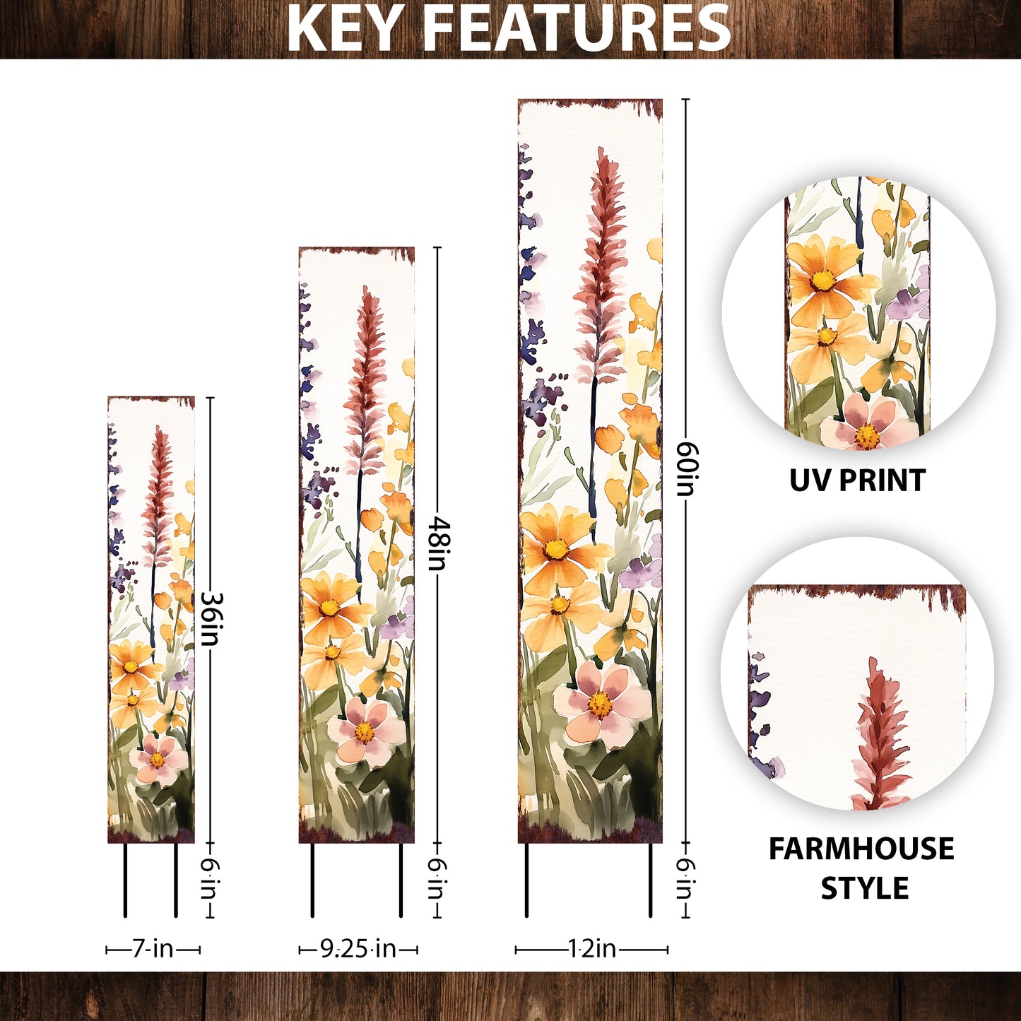 Summer Wildflowers Wooden Garden Stake Sign – Outdoor Floral Yard Décor | UV Print | Farmhouse Style | Multiple Sizes