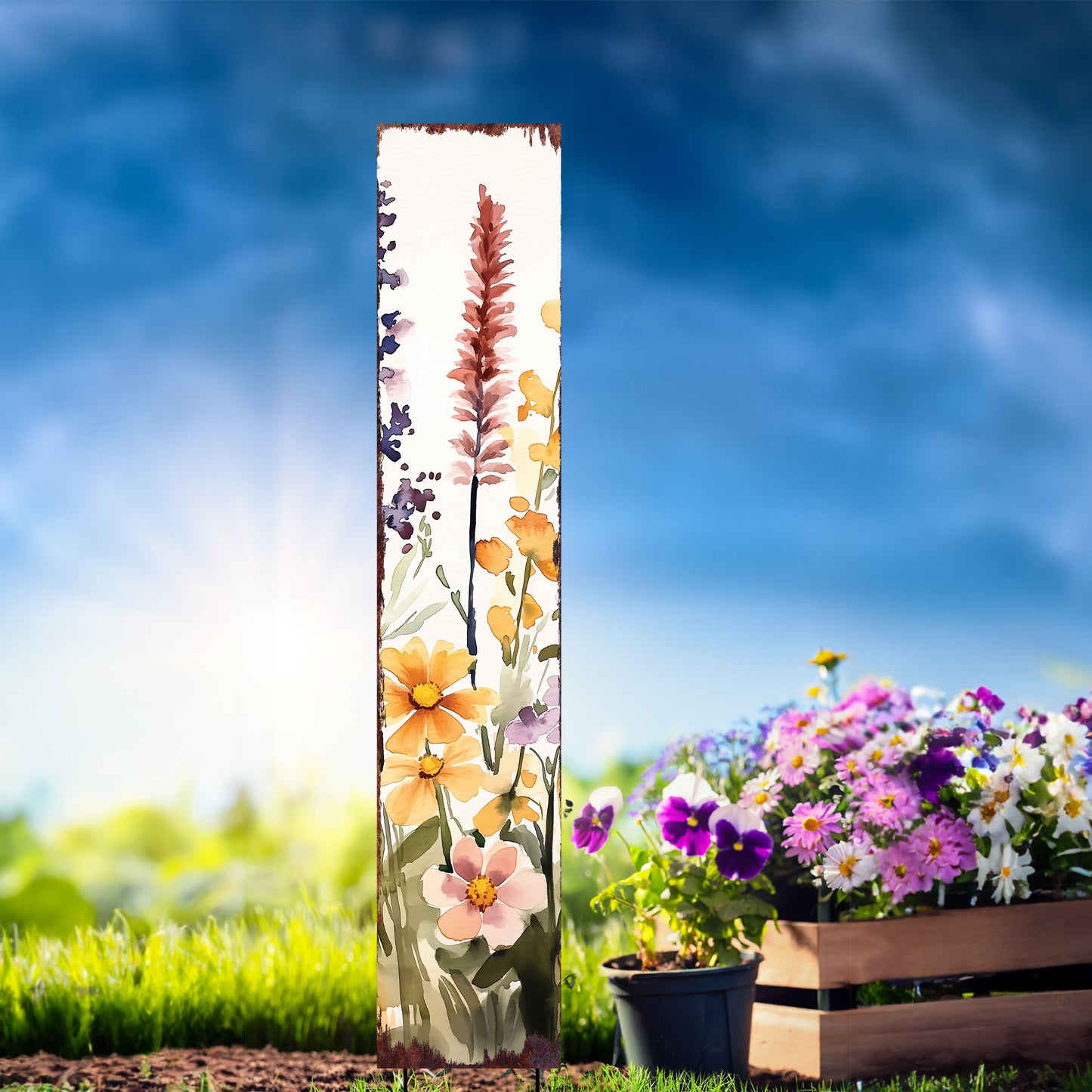 Summer Wildflowers Wooden Garden Stake Sign – Outdoor Floral Yard Décor | UV Print | Farmhouse Style | Multiple Sizes
