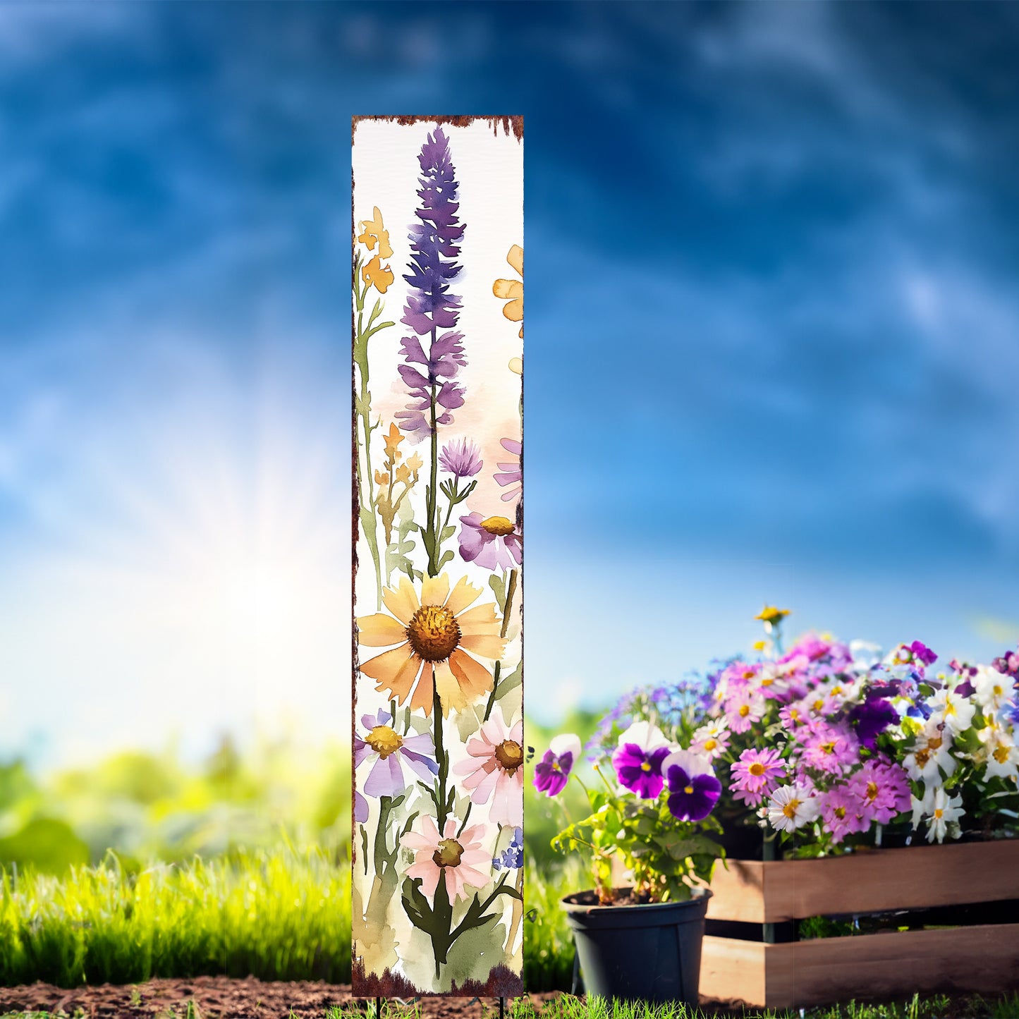 Summer Wildflowers Wooden Garden Stake Sign – Outdoor Floral Yard Décor | UV Print | Farmhouse Style | Multiple Sizes