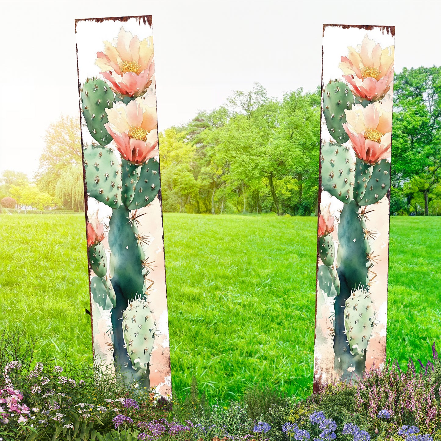 Summer Cactus Wooden Garden Stake Sign | Watercolor Outdoor Yard Décor | Farmhouse Style UV Printed | Multiple Sizes
