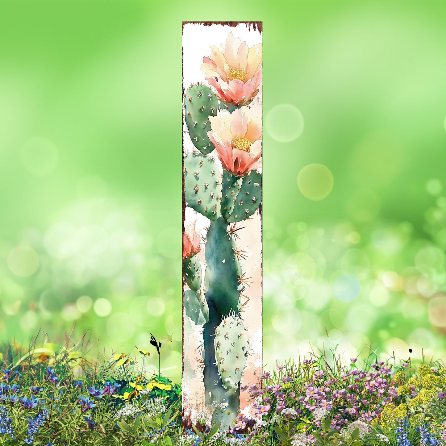 Summer Cactus Wooden Garden Stake Sign | Watercolor Outdoor Yard Décor | Farmhouse Style UV Printed | Multiple Sizes