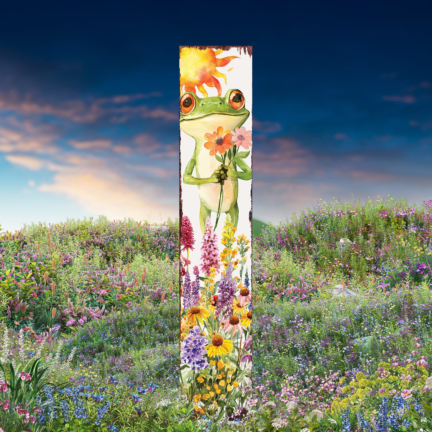 Summer Frog Garden Stake – Funny Watercolor Yard Sign with Wildflowers | Outdoor Wooden Decor | UV Print | Multi Sizes
