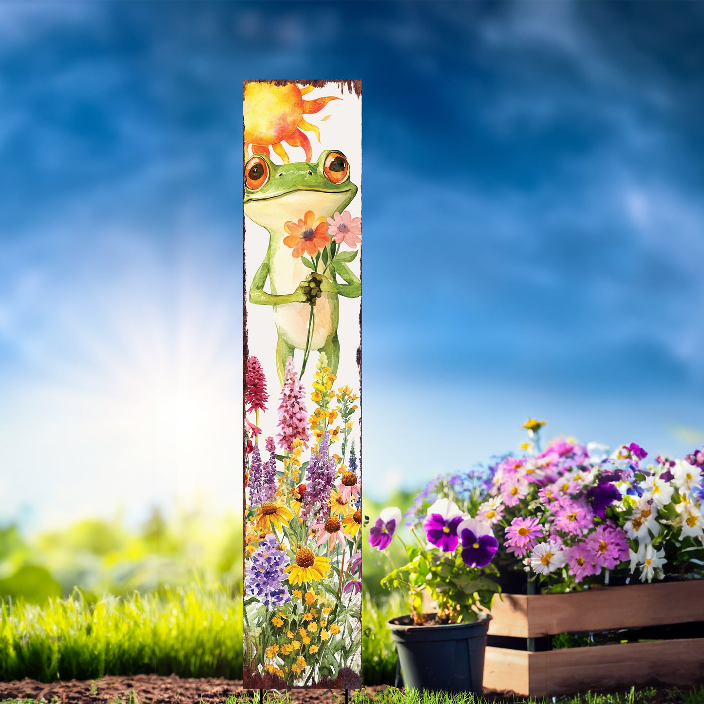 Summer Frog Garden Stake – Funny Watercolor Yard Sign with Wildflowers | Outdoor Wooden Decor | UV Print | Multi Sizes