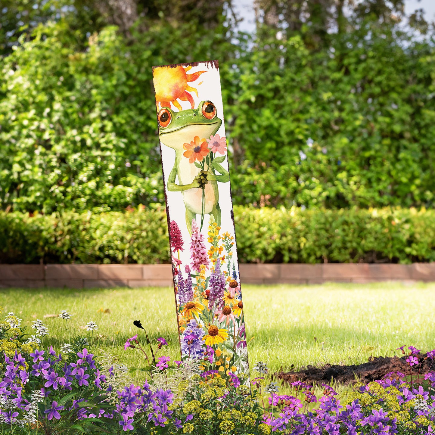 Summer Frog Garden Stake – Funny Watercolor Yard Sign with Wildflowers | Outdoor Wooden Decor | UV Print | Multi Sizes