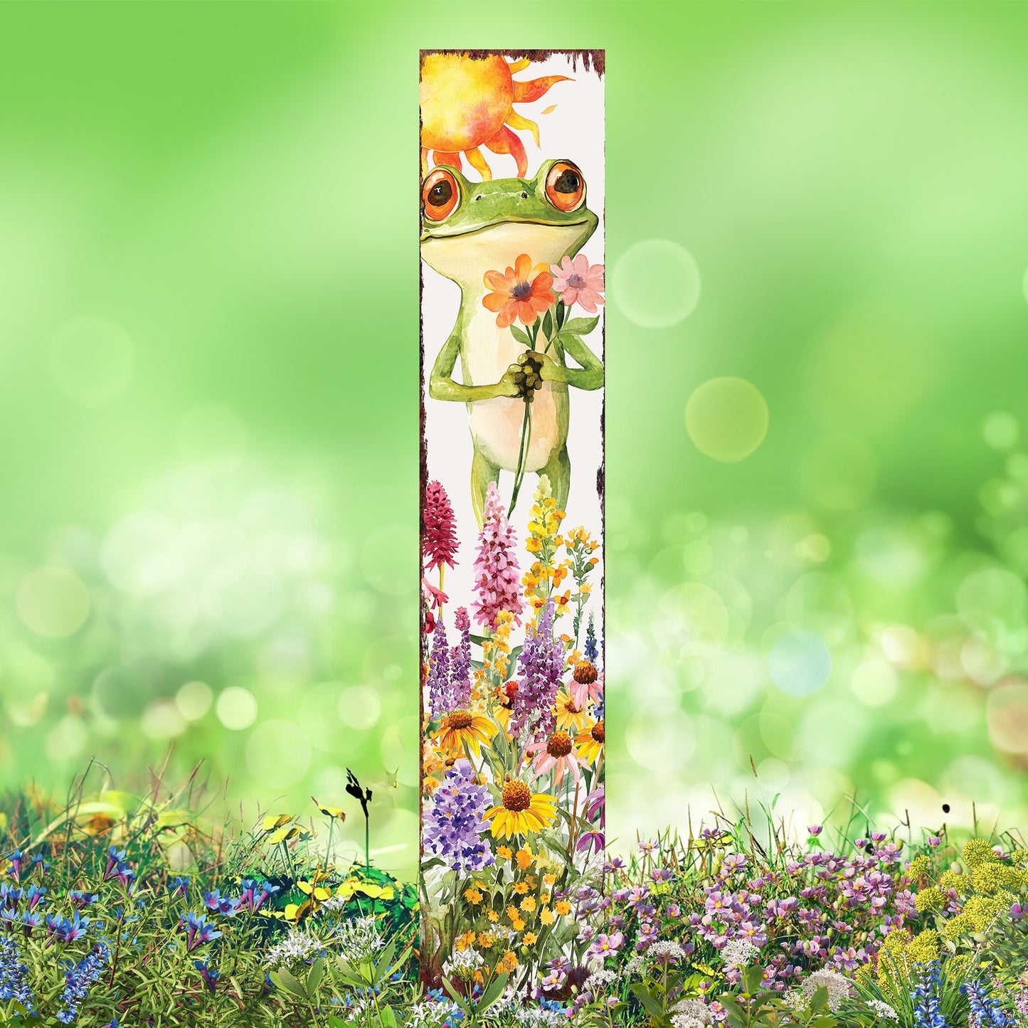 Summer Frog Garden Stake – Funny Watercolor Yard Sign with Wildflowers | Outdoor Wooden Decor | UV Print | Multi Sizes