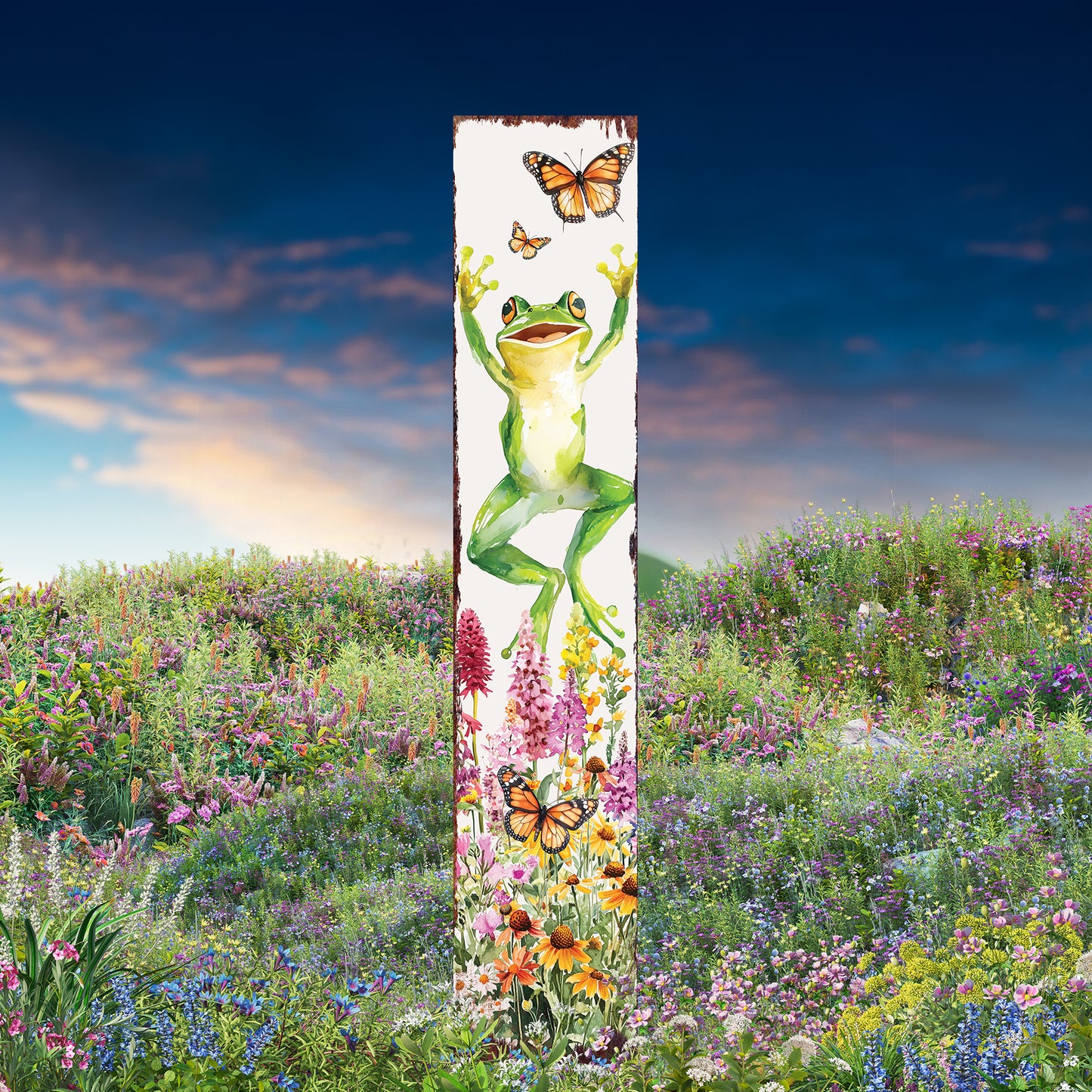 Summer Frog Garden Stake – Funny Watercolor Yard Sign with Butterflies & Flowers | Outdoor Decor | UV Print | Multi Sizes