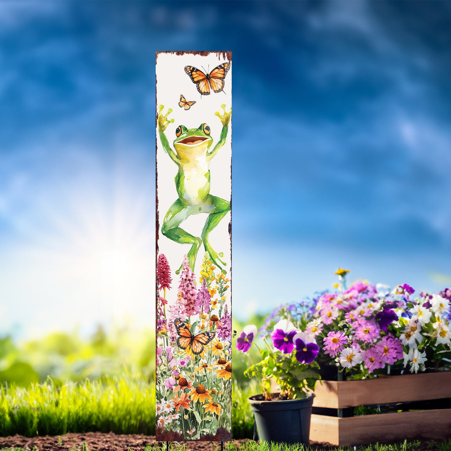 Summer Frog Garden Stake – Funny Watercolor Yard Sign with Butterflies & Flowers | Outdoor Decor | UV Print | Multi Sizes
