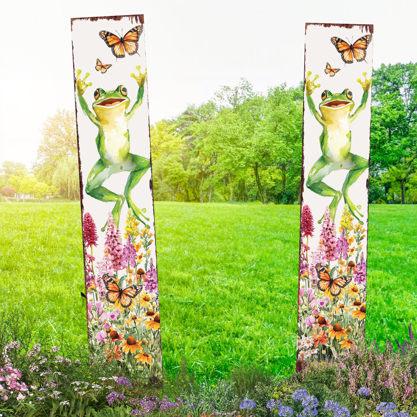 Summer Frog Garden Stake – Funny Watercolor Yard Sign with Butterflies & Flowers | Outdoor Decor | UV Print | Multi Sizes
