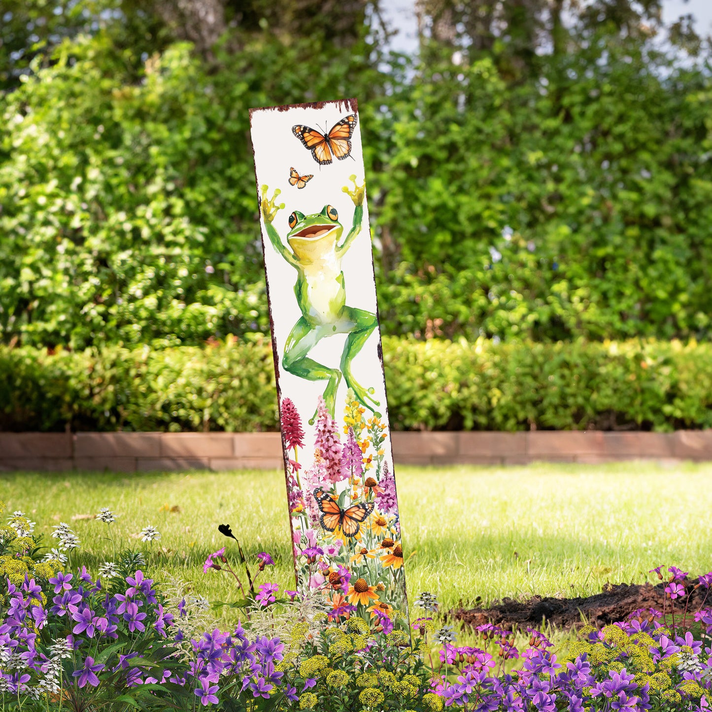 Summer Frog Garden Stake – Funny Watercolor Yard Sign with Butterflies & Flowers | Outdoor Decor | UV Print | Multi Sizes