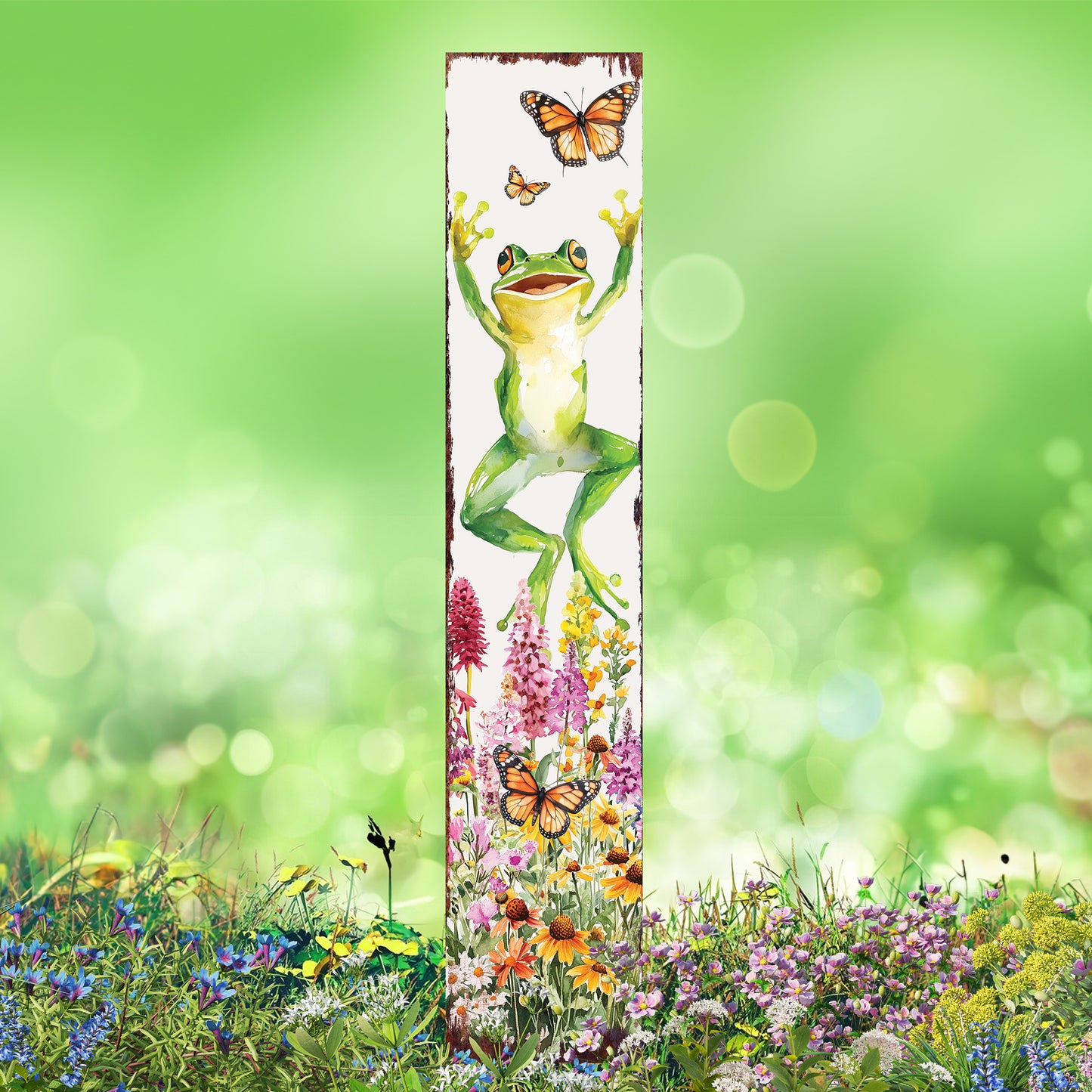 Summer Frog Garden Stake – Funny Watercolor Yard Sign with Butterflies & Flowers | Outdoor Decor | UV Print | Multi Sizes