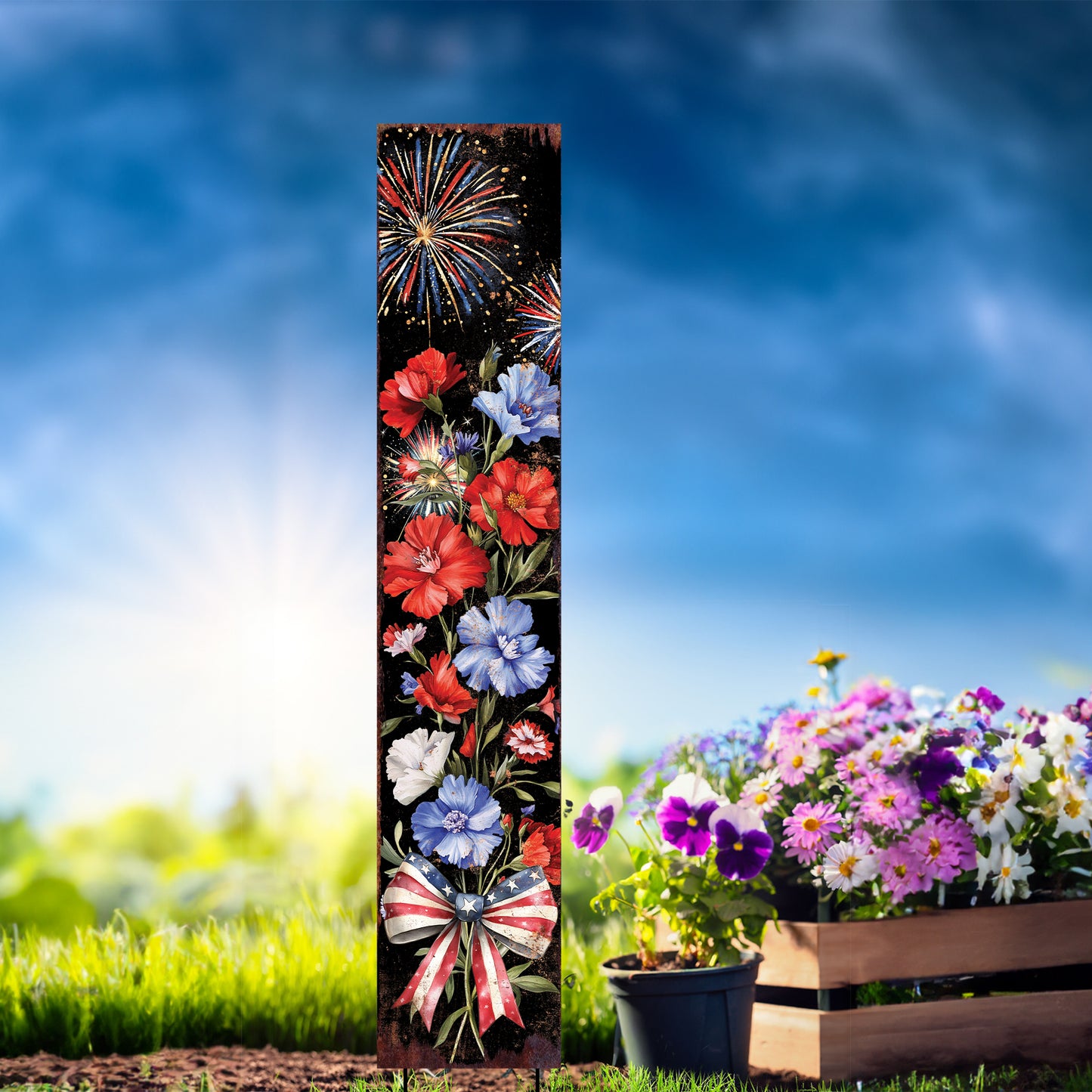 4th of July Wildflowers & Fireworks Garden Stake | Outdoor Patriotic Decor | Independence Day Yard Sign | Celebrate America | Multiple Sizes