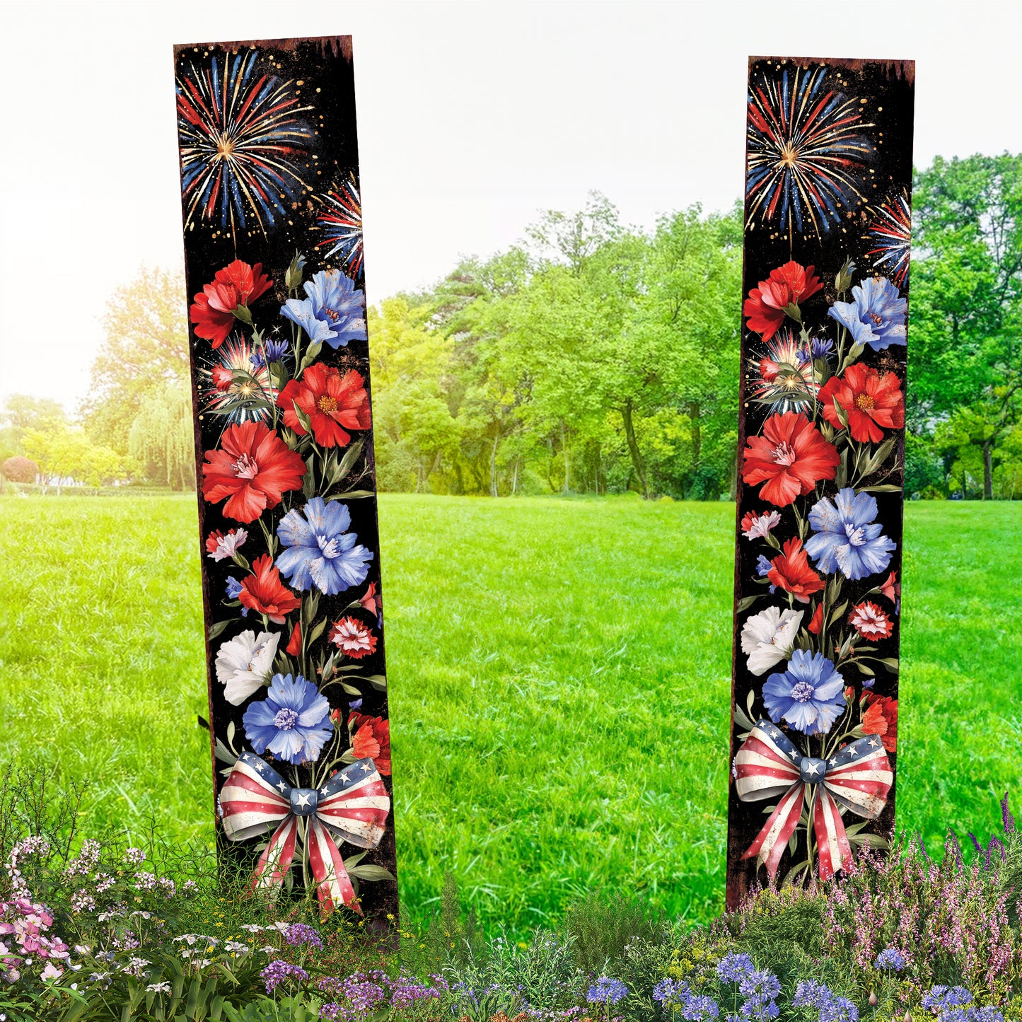 4th of July Wildflowers & Fireworks Garden Stake | Outdoor Patriotic Decor | Independence Day Yard Sign | Celebrate America | Multiple Sizes