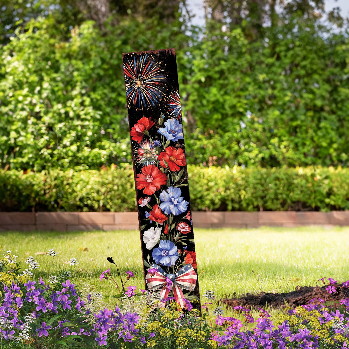4th of July Wildflowers & Fireworks Garden Stake | Outdoor Patriotic Decor | Independence Day Yard Sign | Celebrate America | Multiple Sizes