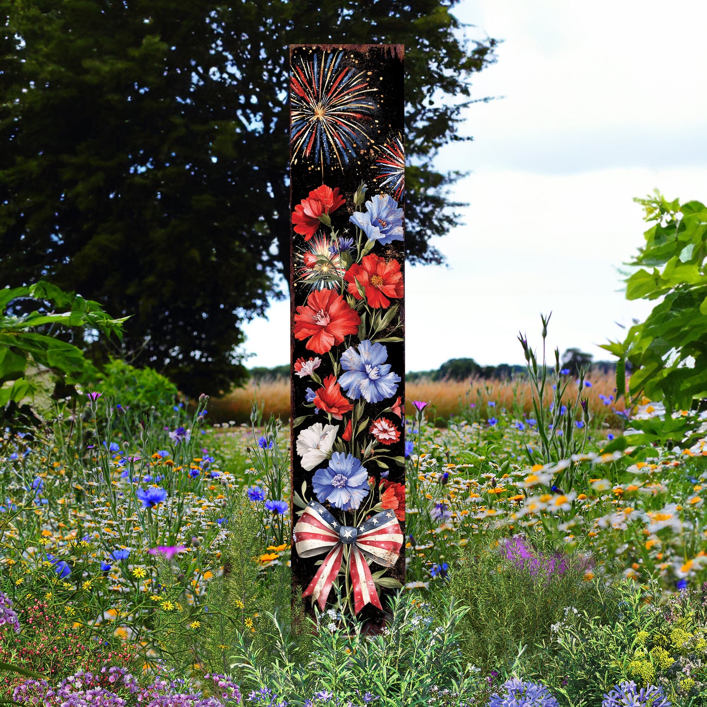 4th of July Wildflowers & Fireworks Garden Stake | Outdoor Patriotic Decor | Independence Day Yard Sign | Celebrate America | Multiple Sizes