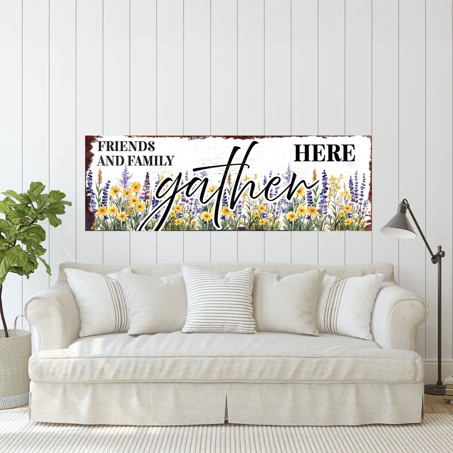 Friends & Family Gather Here Wall Sign | Farmhouse Style Indoor Decor | UV Printed | Living Room or Entryway Accent | Multiple Sizes