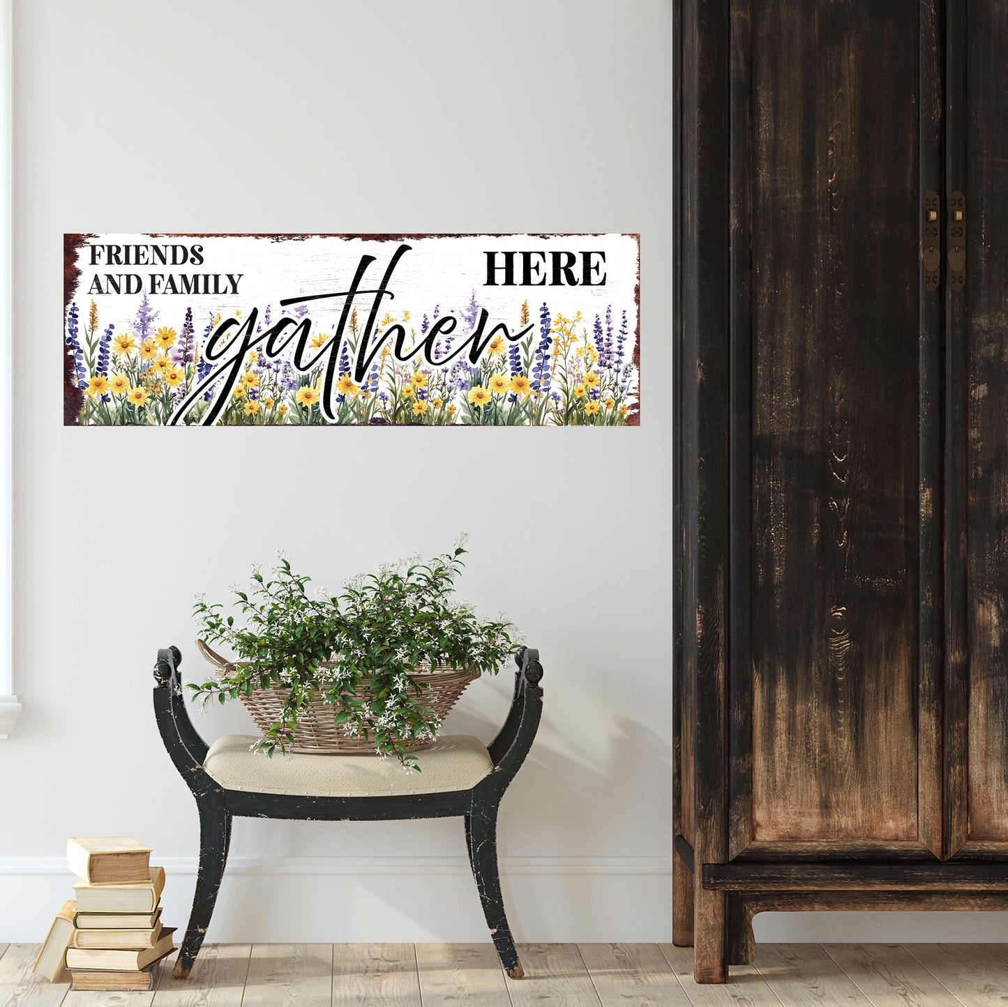 Friends & Family Gather Here Wall Sign | Farmhouse Style Indoor Decor | UV Printed | Living Room or Entryway Accent | Multiple Sizes