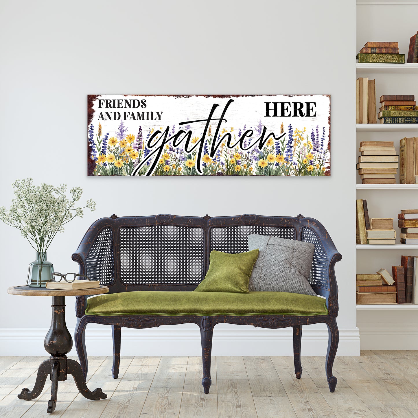 Friends & Family Gather Here Wall Sign | Farmhouse Style Indoor Decor | UV Printed | Living Room or Entryway Accent | Multiple Sizes