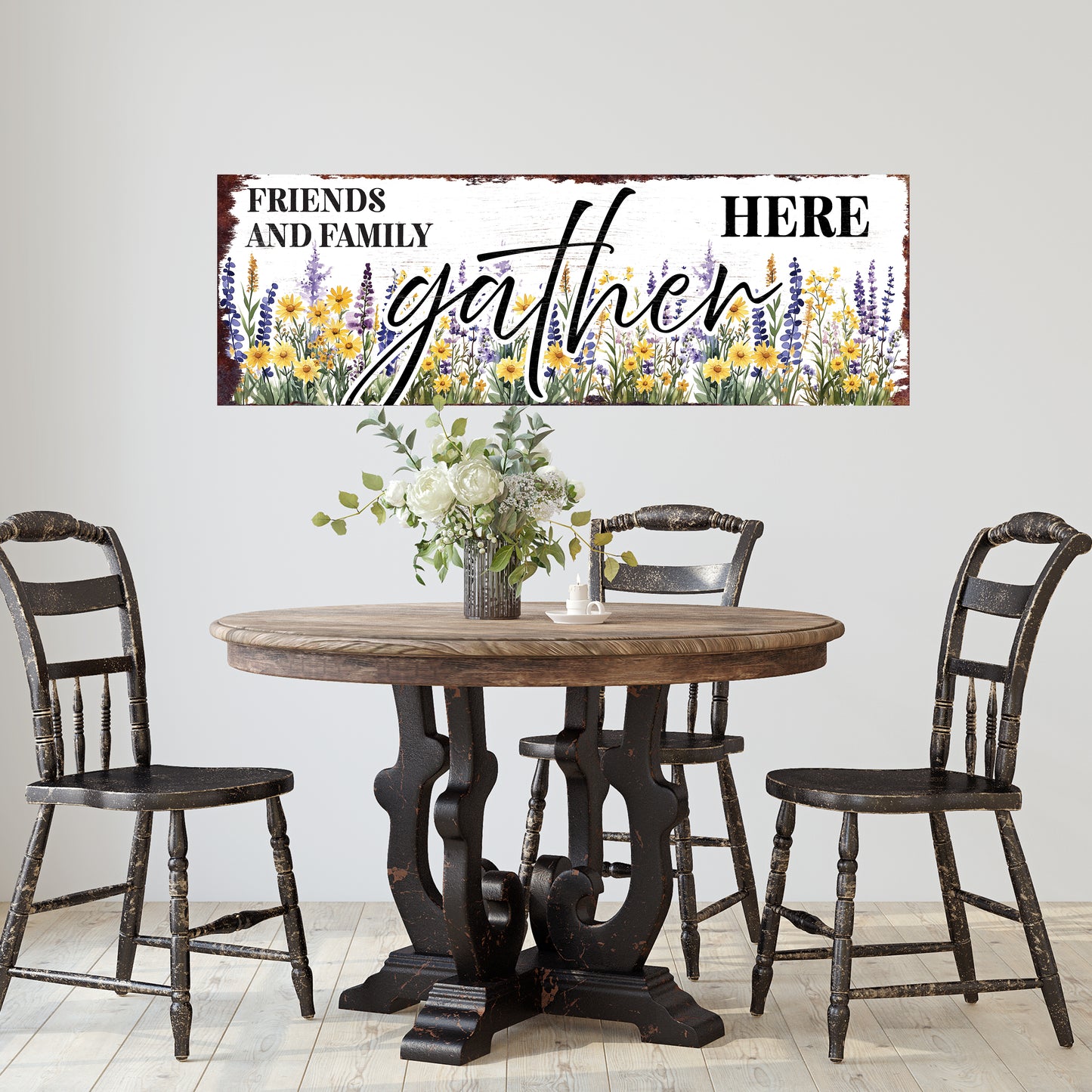 Friends & Family Gather Here Wall Sign | Farmhouse Style Indoor Decor | UV Printed | Living Room or Entryway Accent | Multiple Sizes
