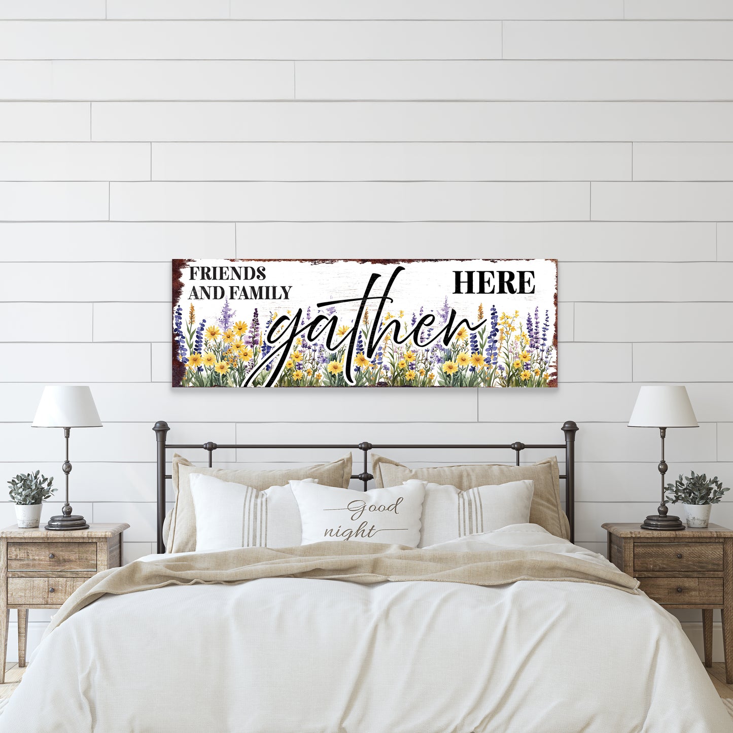 Friends & Family Gather Here Wall Sign | Farmhouse Style Indoor Decor | UV Printed | Living Room or Entryway Accent | Multiple Sizes