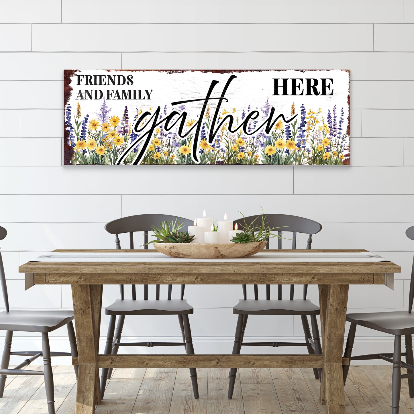 Friends & Family Gather Here Wall Sign | Farmhouse Style Indoor Decor | UV Printed | Living Room or Entryway Accent | Multiple Sizes