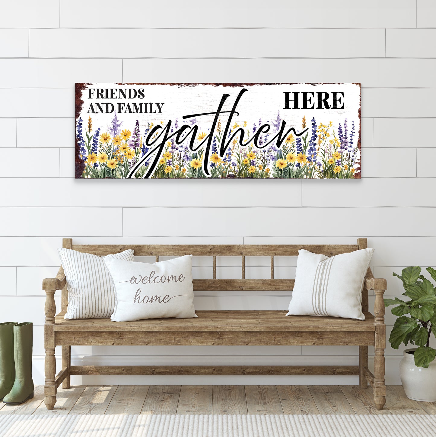 Friends & Family Gather Here Wall Sign | Farmhouse Style Indoor Decor | UV Printed | Living Room or Entryway Accent | Multiple Sizes