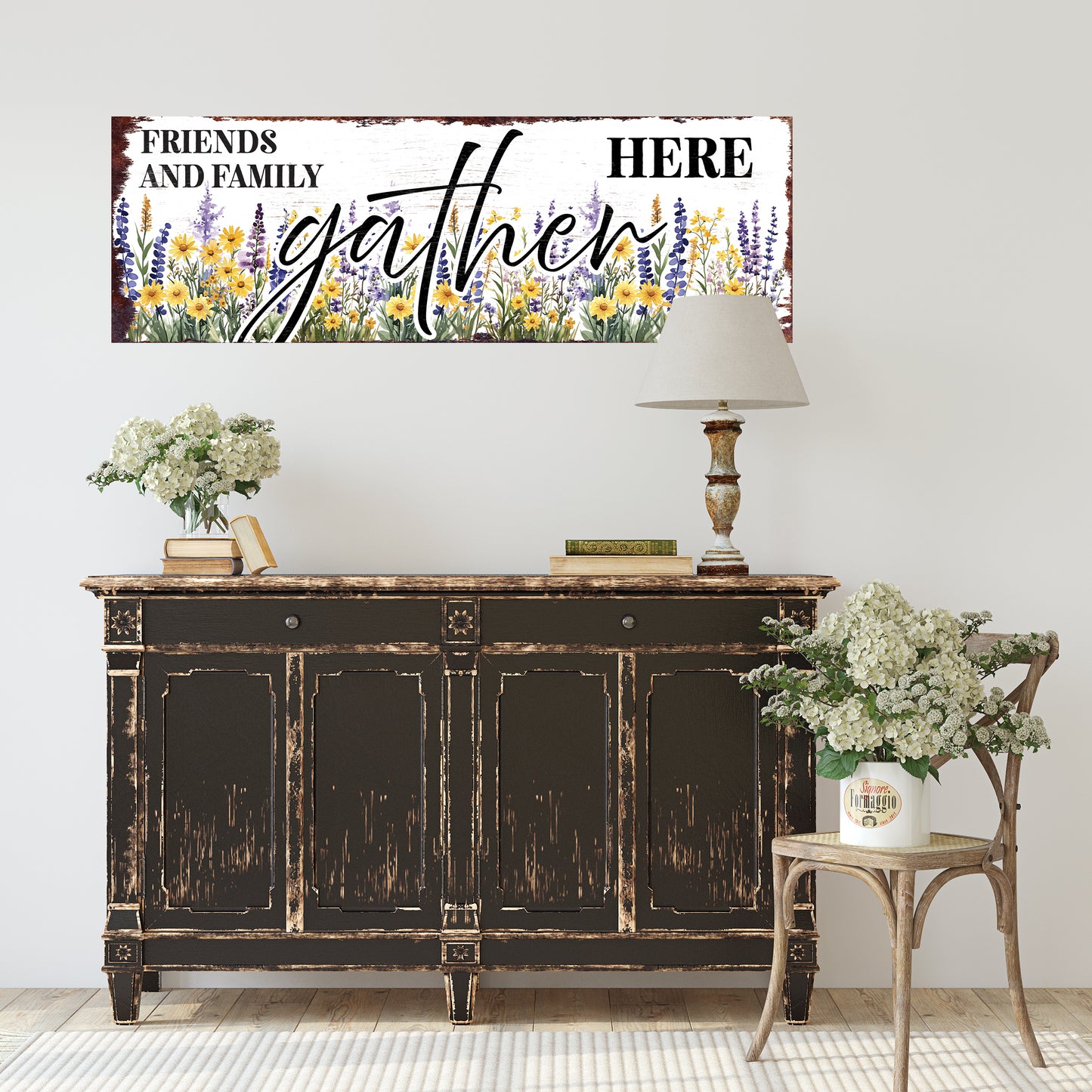 Friends & Family Gather Here Wall Sign | Farmhouse Style Indoor Decor | UV Printed | Living Room or Entryway Accent | Multiple Sizes