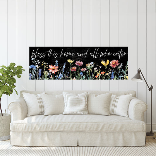 Bless This Home and All Who Enter Wall Sign | Farmhouse Floral Spring Decor | Vintage Style Indoor Art | UV Printed | Multiple Sizes