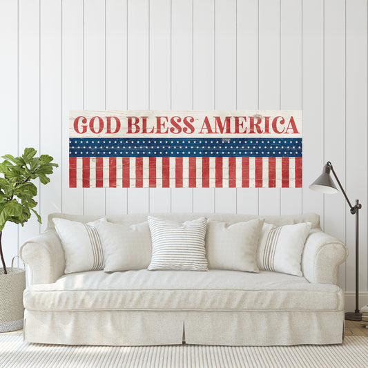God Bless America Wall Sign | Vintage Patriotic Farmhouse Decor | 4th of July Independence Day Wall Art | USA Flag Indoor Accent
