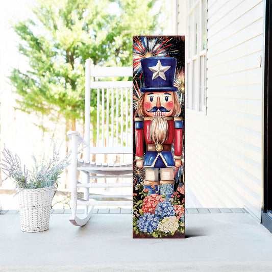 4th of July Porch Sign | Patriotic Nutcracker Outdoor Decor | Independence Day UV Print with Fireworks & Hydrangeas | Farmhouse Style