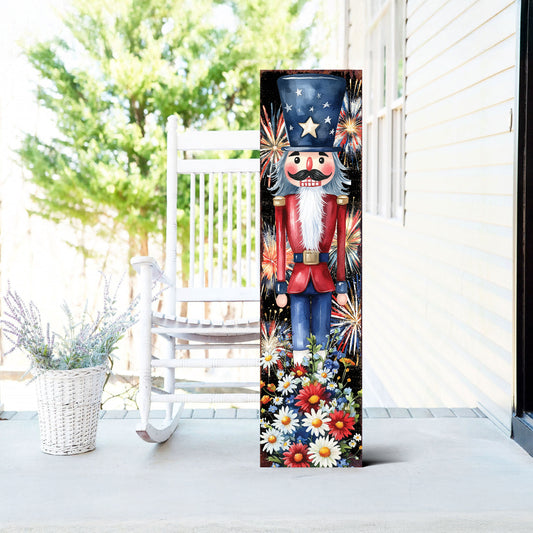 4th of July Porch Sign | Patriotic Nutcracker Outdoor Decor | Vintage Fireworks & Floral UV Print | Farmhouse Independence Day Decor
