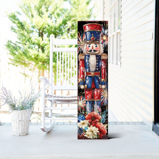 4th of July Porch Sign | Patriotic Nutcracker Outdoor Decor | Vintage Fireworks & Floral UV Print | Farmhouse Independence Day Accent