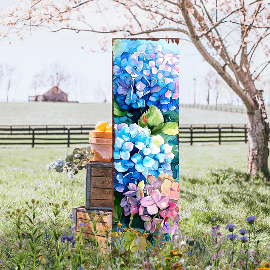72in Summer Porch Sign with Watercolor Hydrangeas | Farmhouse Floral Outdoor Decor | Rustic Vertical UV Print Welcome Board