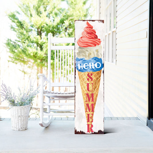 Hello Summer Porch Sign | Ice Cream Cone Door Decor | 4th of July Outdoor Sign | Farmhouse Summer Front Porch Decor | UV Printed Wood