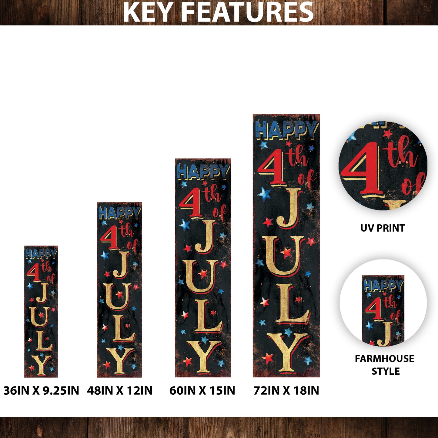 4th of July Porch Sign | Patriotic Front Door Decor | Farmhouse Vertical Wood Sign | Independence Day Outdoor Decoration | UV Print