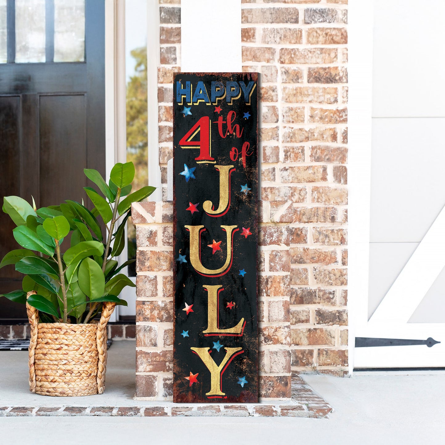 4th of July Porch Sign | Patriotic Front Door Decor | Farmhouse Vertical Wood Sign | Independence Day Outdoor Decoration | UV Print