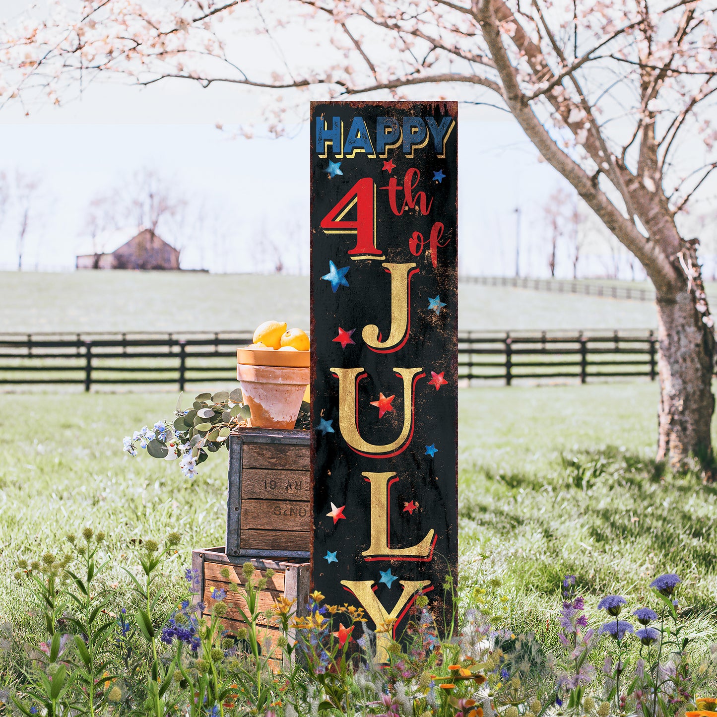 4th of July Porch Sign | Patriotic Front Door Decor | Farmhouse Vertical Wood Sign | Independence Day Outdoor Decoration | UV Print
