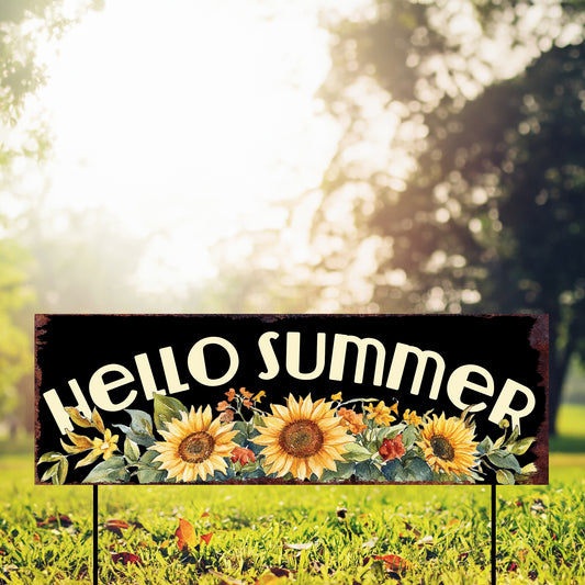 Hello Summer Wildflower Garden Stake | 36in Floral Yard Sign | UV Print Outdoor Decor | Rustic Farmhouse Summer Garden Accent