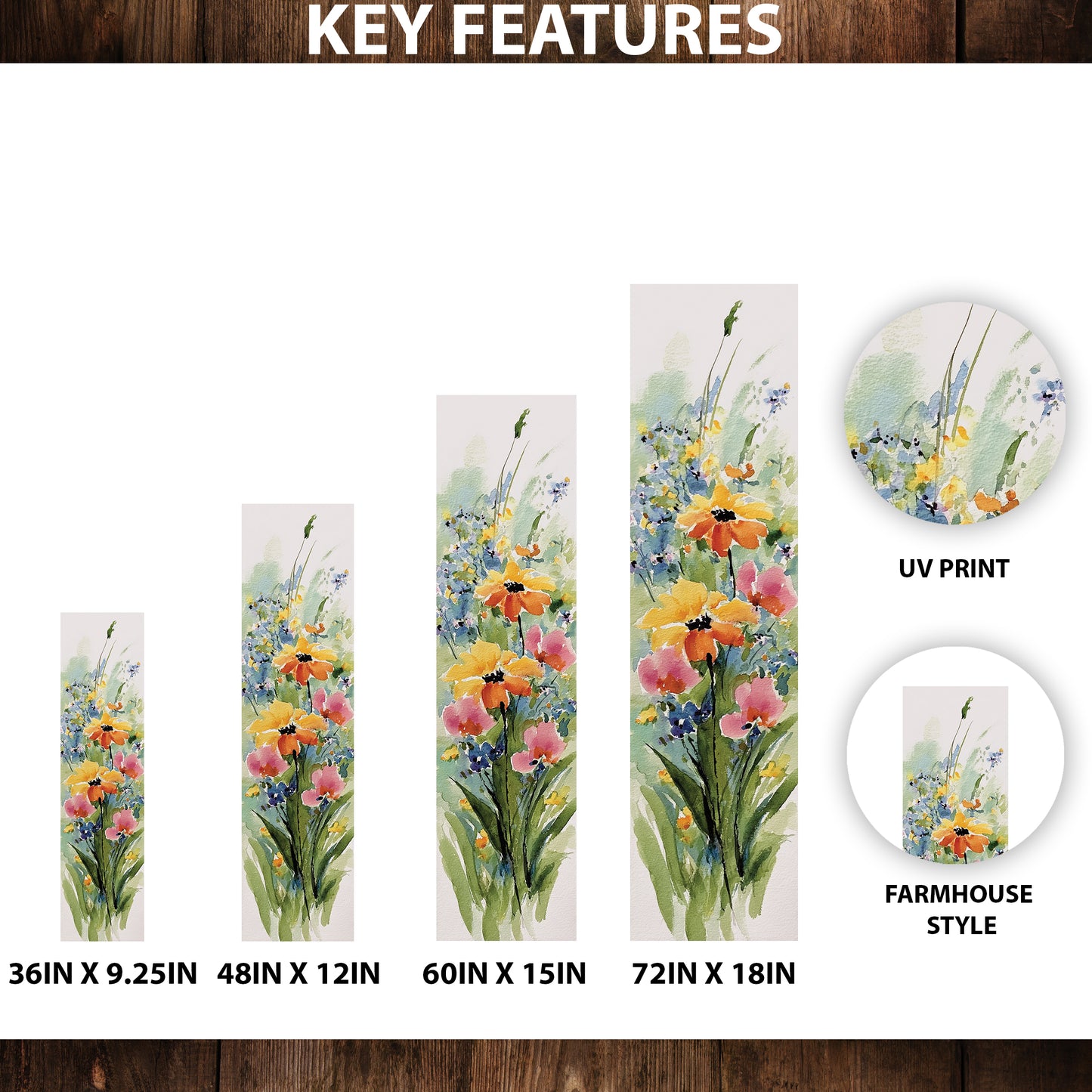 Vertical Wildflower Porch Sign – Summer UV Floral Print, 36–72in Sizes, Rustic Farmhouse Outdoor Decor for Patio or Entryway