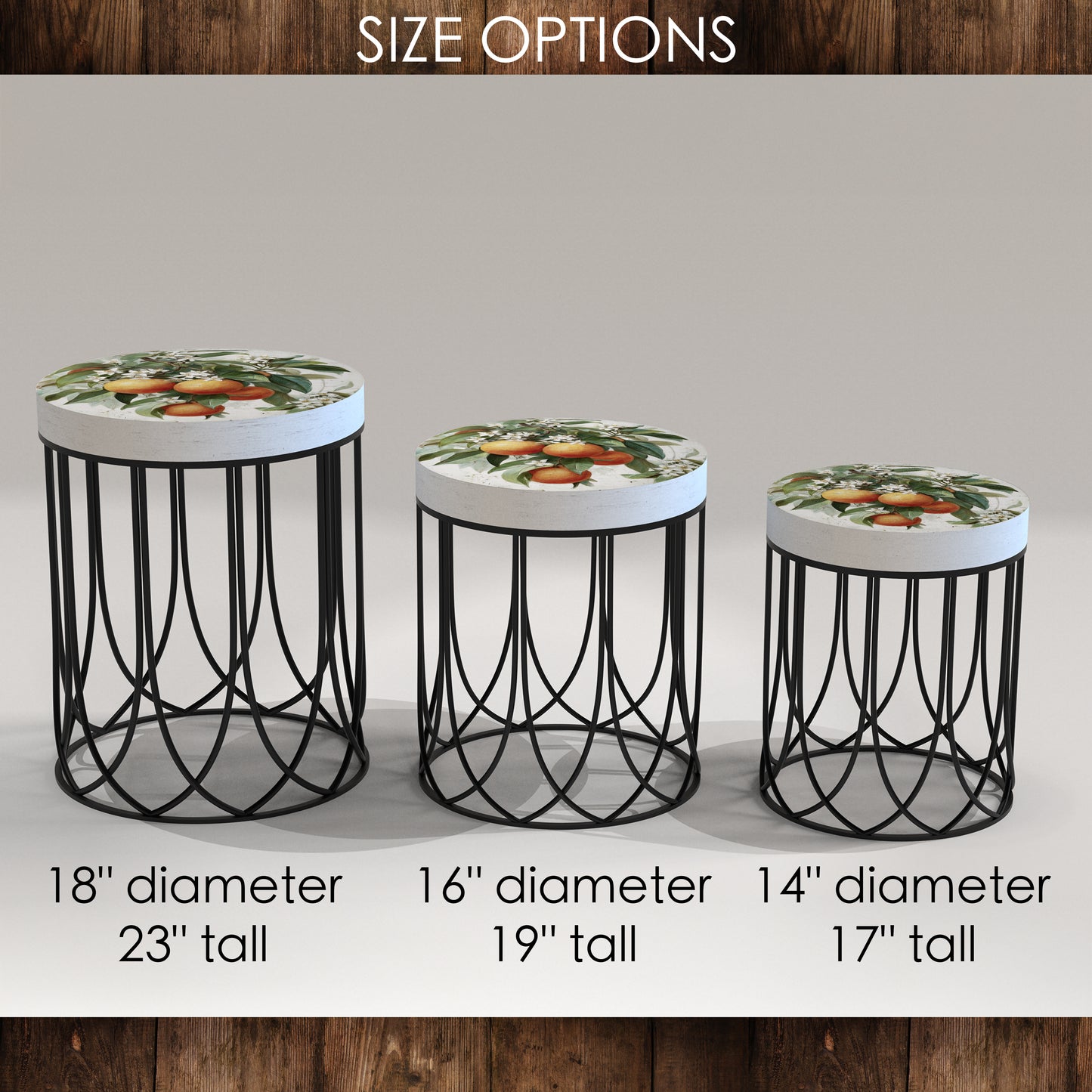 Round Orange Accent Table – Summer Citrus Print, 17–23in Tall, UV Wood Top with Metal Base, Indoor Living Room or Patio Decor