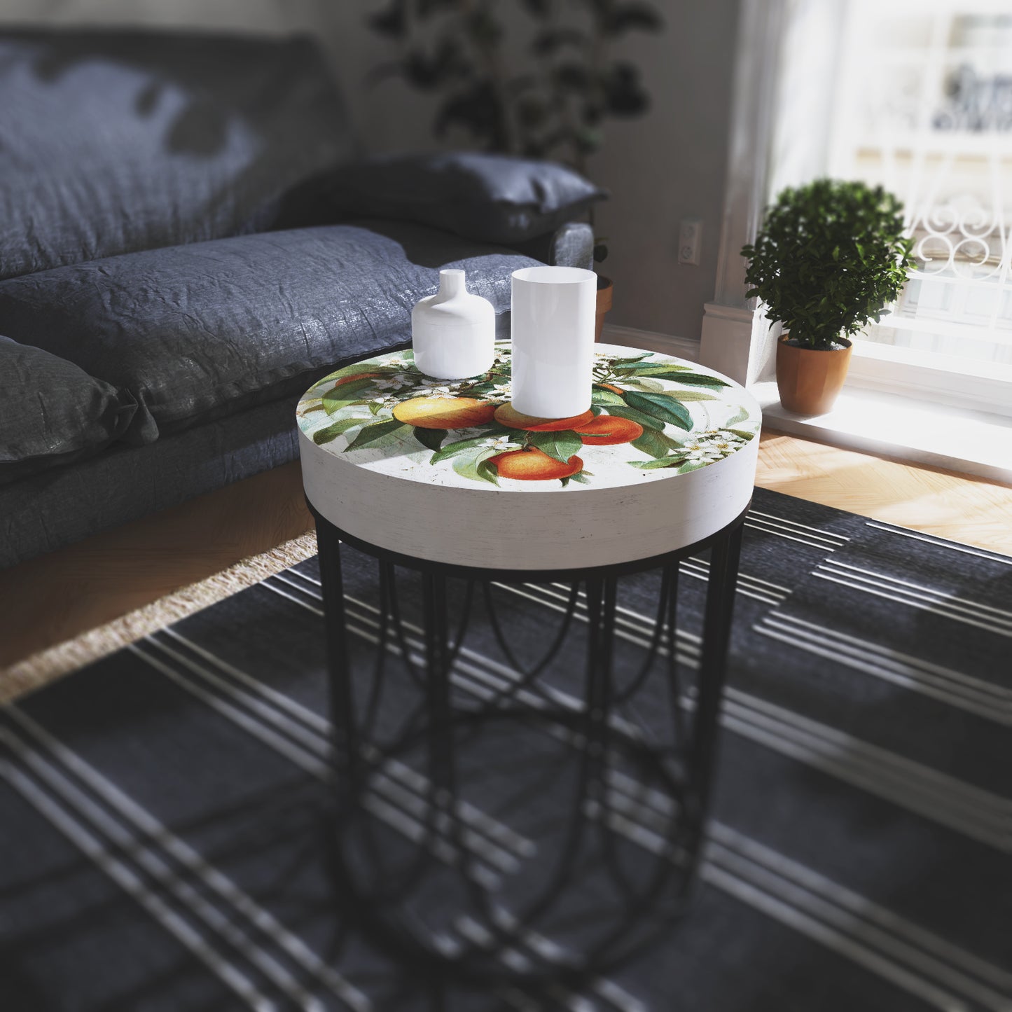 Round Orange Accent Table – Summer Citrus Print, 17–23in Tall, UV Wood Top with Metal Base, Indoor Living Room or Patio Decor
